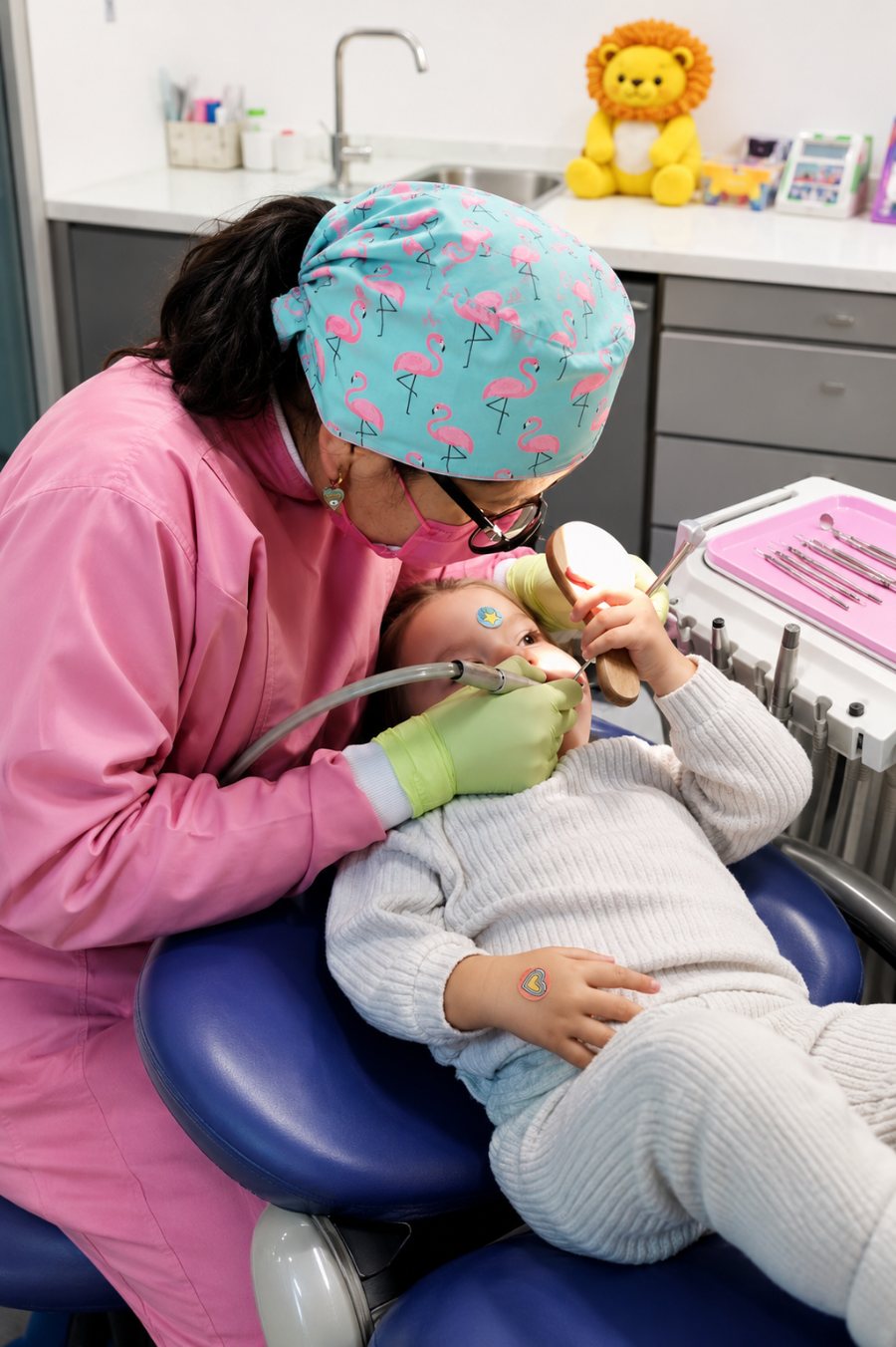 La doctora revisando a una paciente muy pequeña en el sillón dental